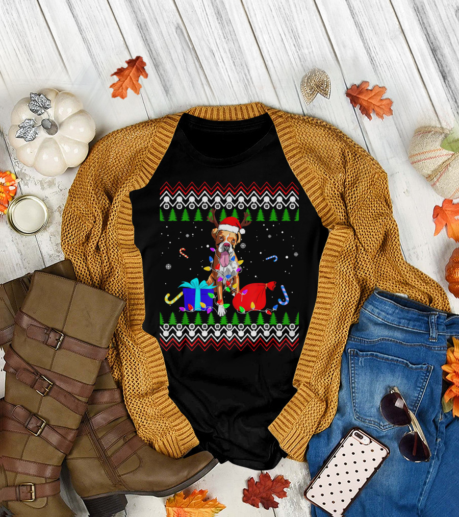 Boxer Dog Santa Hat Christmas Tree Lights Ugly Xmas T-Shirt
