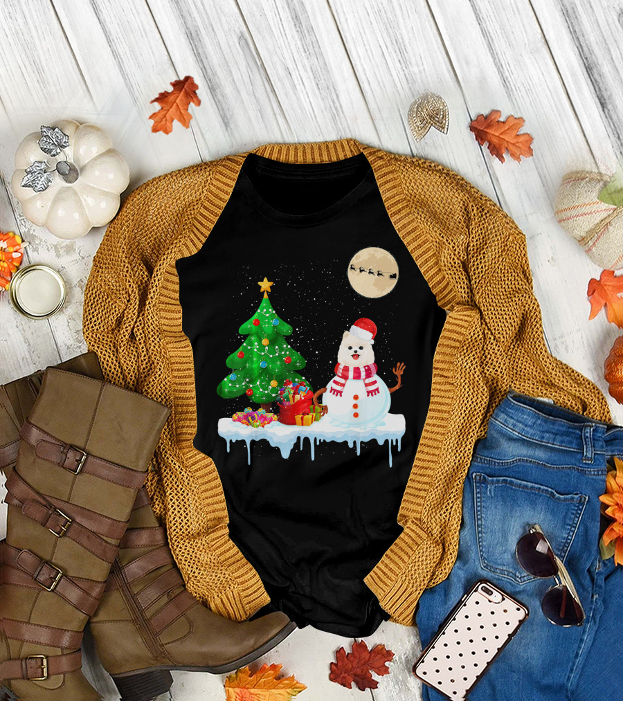 Pomeranian Snowman Christmas Tree Santa Sleigh Moon T-Shirt