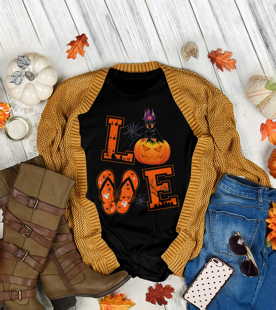LOVE Halloween Doberman Pumpkin with Witch Hat and Spiders T-Shirt