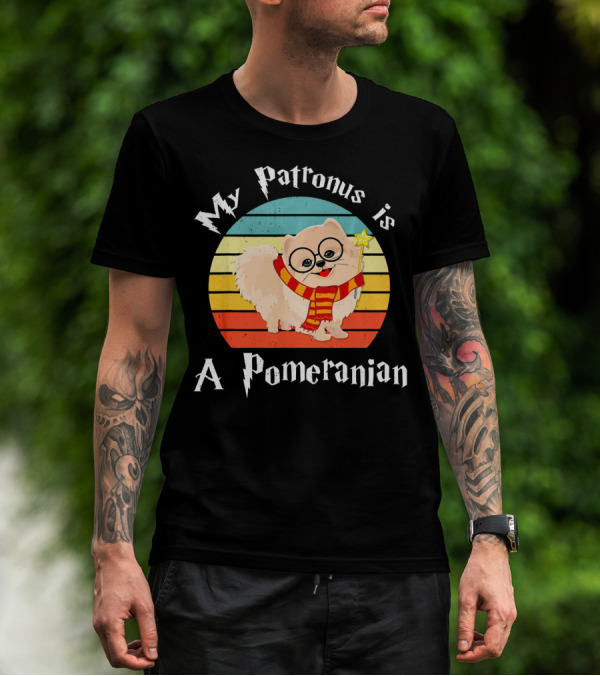 My Patronus Is A Pomeranian Retro Wizard Dog With Scarf And Wand T-Shirt