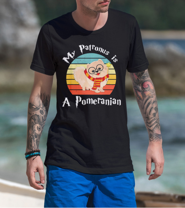 My Patronus Is A Pomeranian Retro Wizard Dog With Scarf And Wand T-Shirt