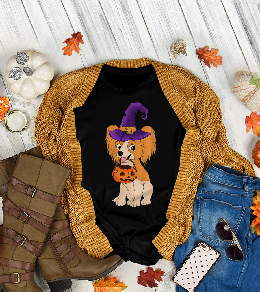 Papillon Dog with Witch Hat and Halloween Pumpkin T-Shirt
