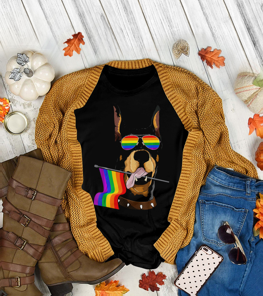 Pride Rainbow Flag Doberman with Sunglasses T-Shirt