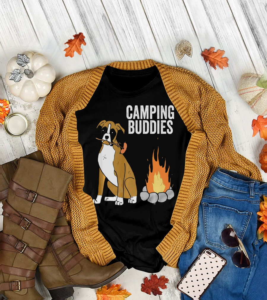 Camping Buddies Boxer Dog by Campfire T-Shirt