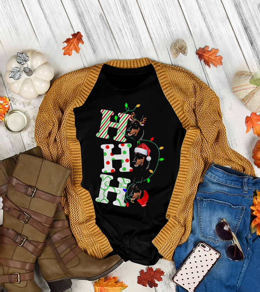 Doberman Pinscher Ho Ho Ho Santa Hat Christmas Reindeer Lights T-Shirt
