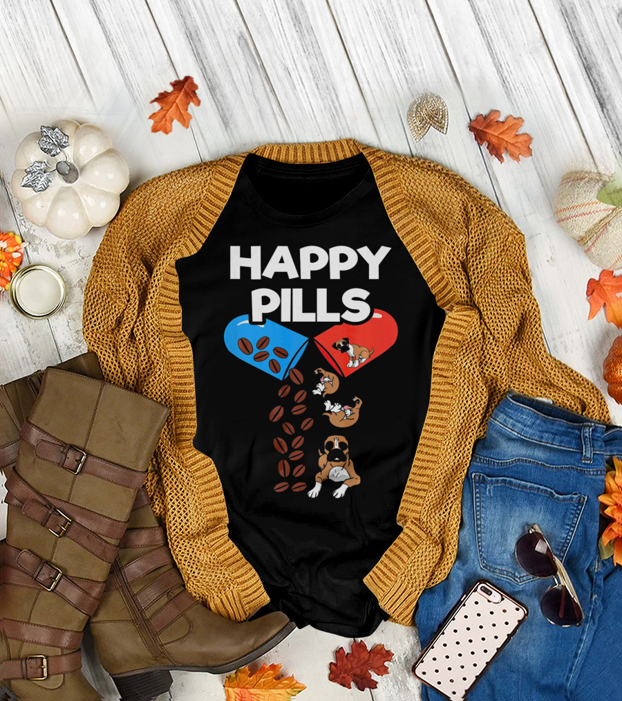 Boxer Dog Coffee Happy Pills Funny Dog Playful Capsules T-Shirt