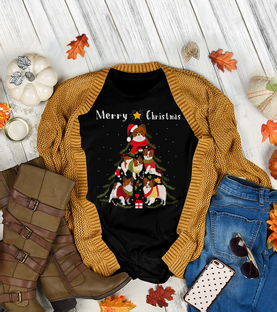 Merry Christmas Papillon Continental Toy Spaniel Holiday Tree T-Shirt