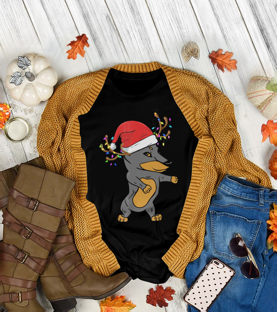 Christmas Doberman with Santa Hat and Reindeer Antlers T-Shirt