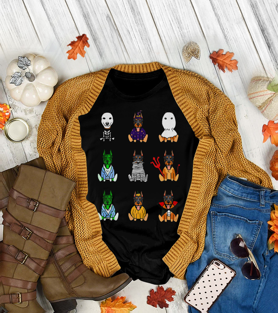 Doberman Pinscher Halloween Costumes Skeleton Wizard Ghost Mummy Devil Dracula T-Shirt