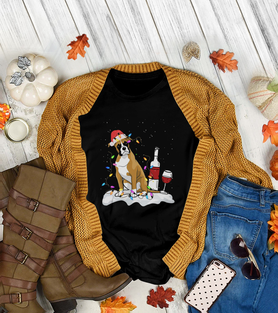 Boxer Dog Christmas Lights Wine Bottle Funny Costume T-Shirt