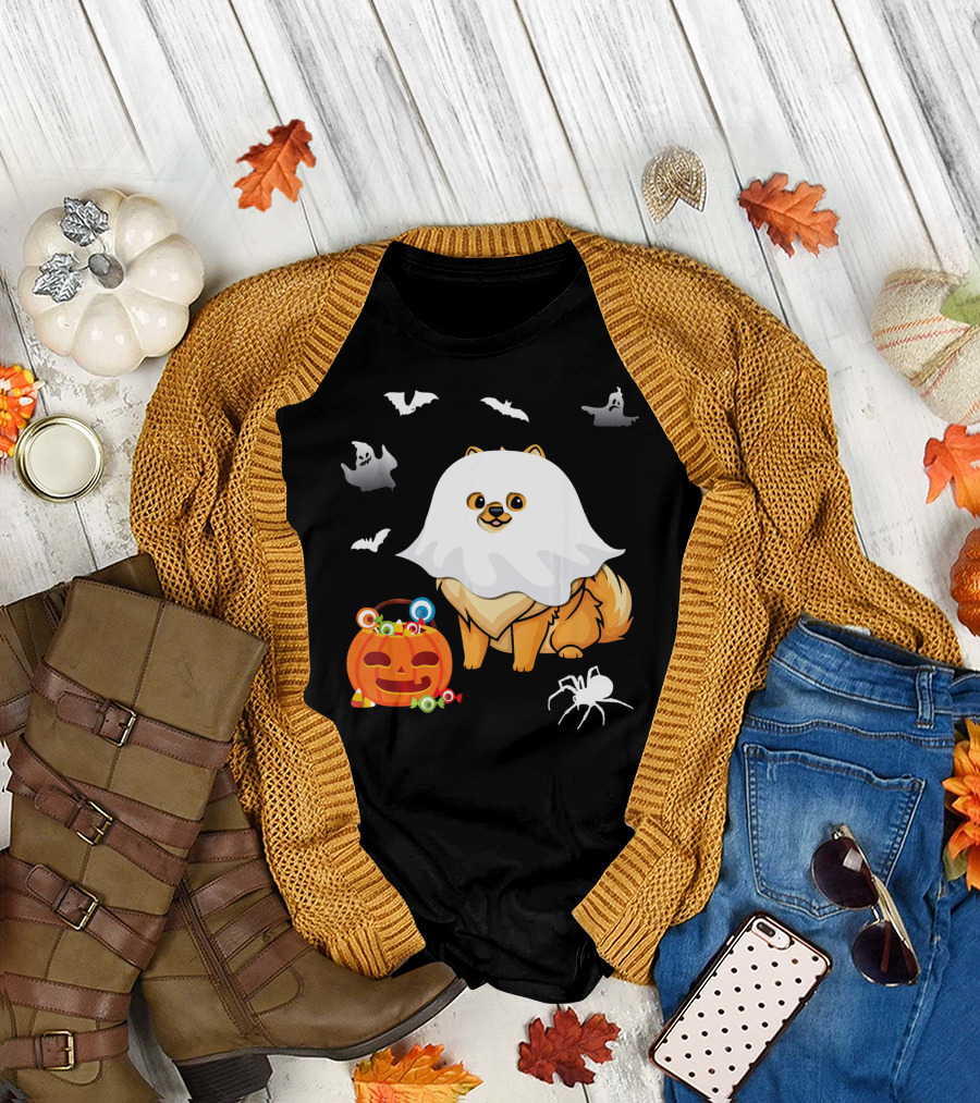 Halloween Pomeranian Ghost Outfit with Pumpkin Bat Spider and Candy T-Shirt