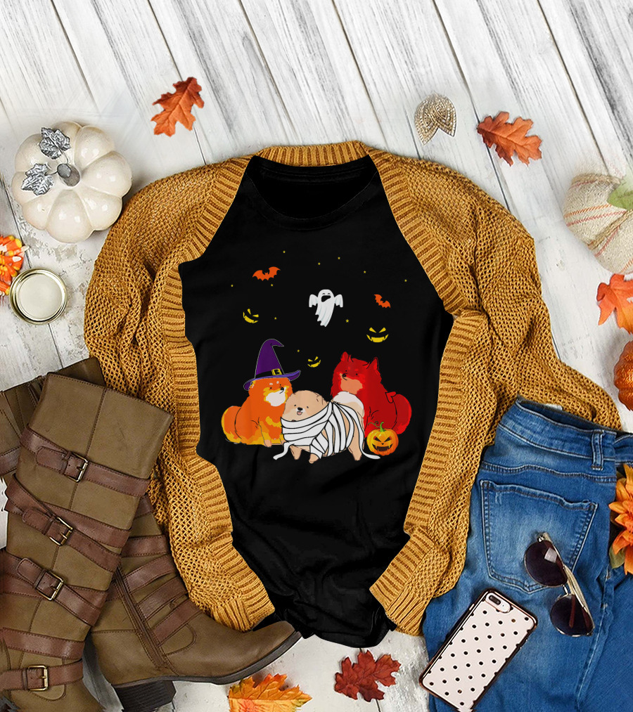 Pomeranian Witch Devil Mummy Ghost Pumpkin Bats T-Shirt