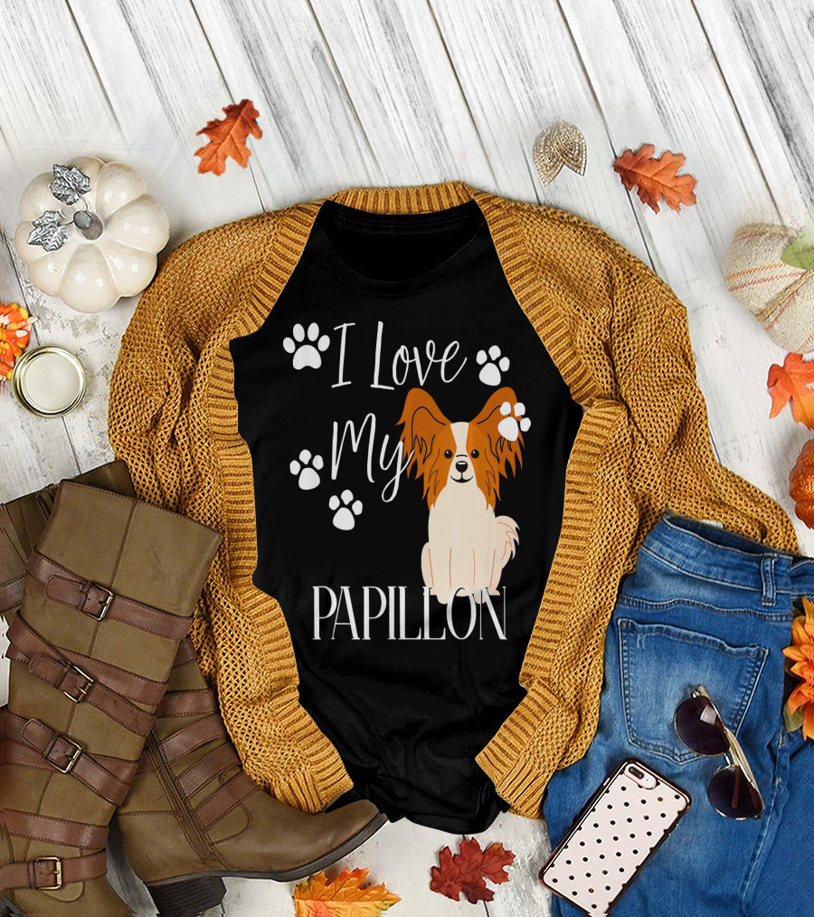 I Love My Papillon Dog With Cute Paw Prints T-Shirt