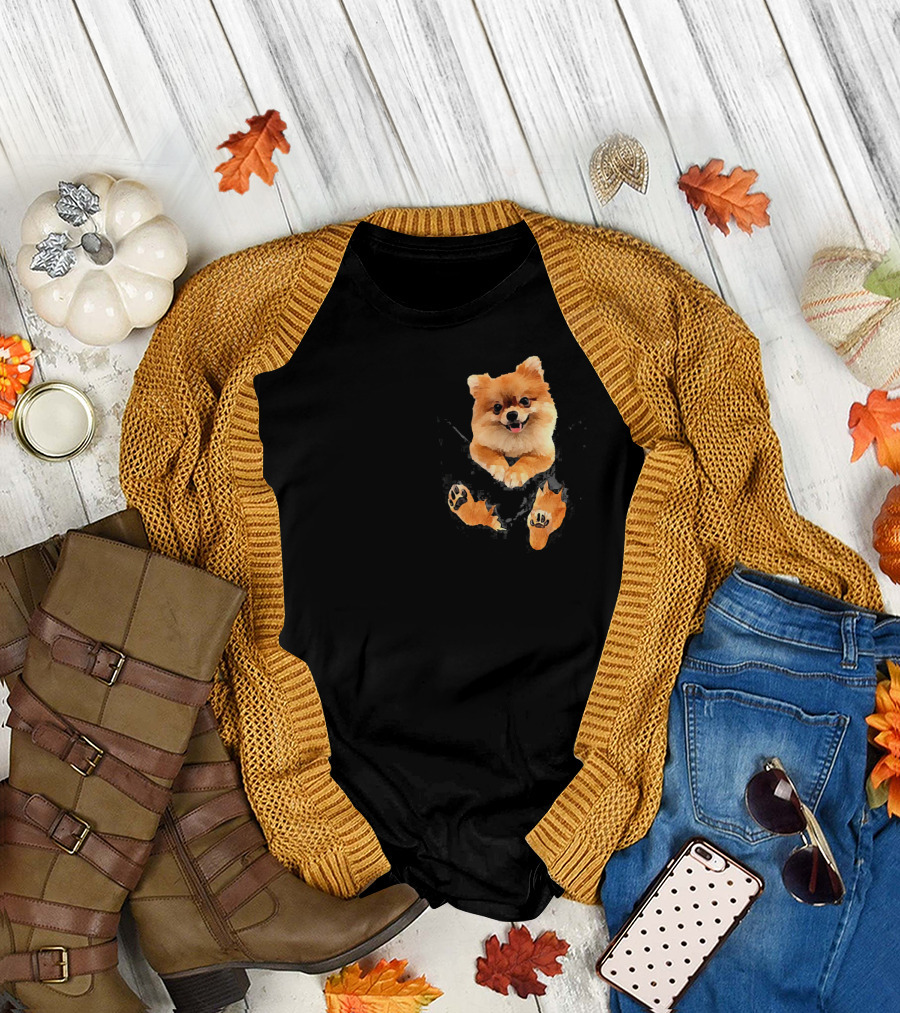 Pomeranian Puppy Peeking from Pocket T-Shirt