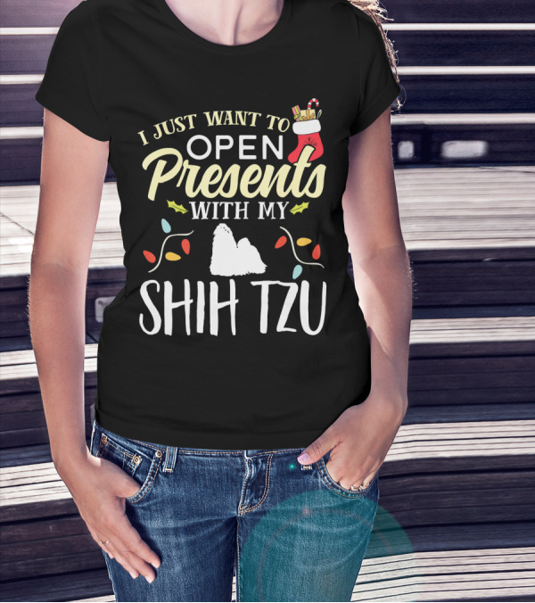 I Just Want To Open Presents With My Shih Tzu Christmas Stocking Lights T-Shirt