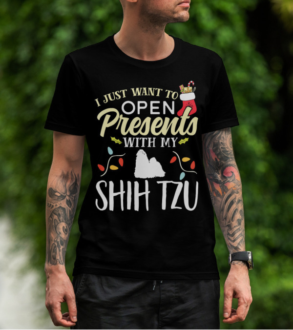I Just Want To Open Presents With My Shih Tzu Christmas Stocking Lights T-Shirt