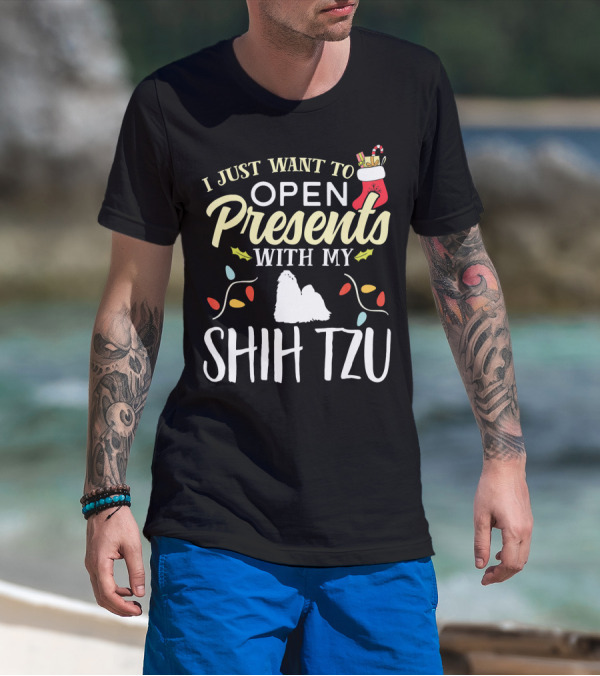 I Just Want To Open Presents With My Shih Tzu Christmas Stocking Lights T-Shirt