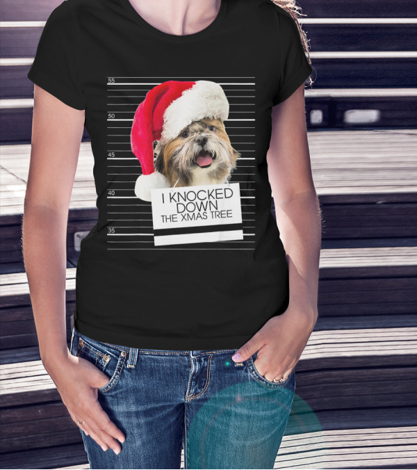 Shih Tzu Dog I Knocked Down The Xmas Tree With Santa Hat Mugshot T-Shirt