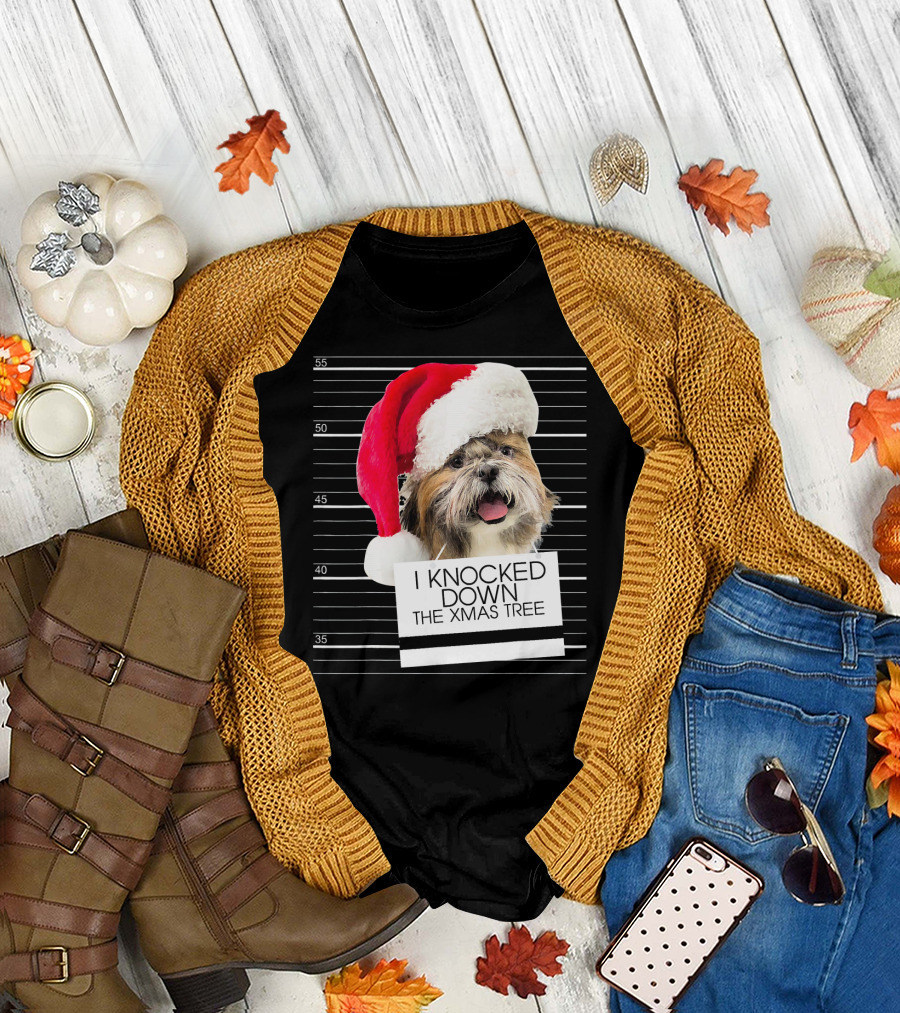 Shih Tzu Dog I Knocked Down The Xmas Tree with Santa Hat Mugshot T-Shirt
