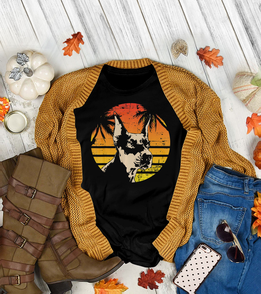 Doberman Pinscher Retro Sunset Palm Trees T-Shirt