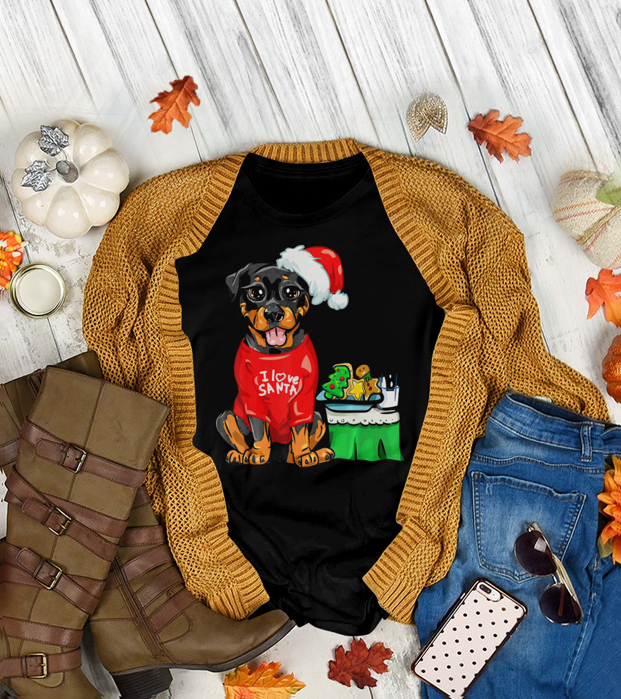 Rottweiler Dog I Love Santa Cute Rotti Santa Hat Christmas Cookies T-Shirt