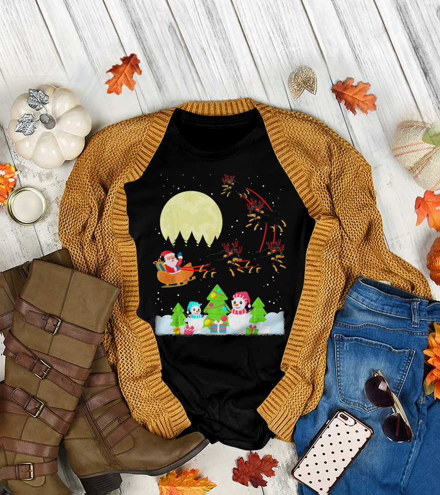 Santa Sleigh Rottweiler Reindeer Snowmen Under Full Moon T-Shirt