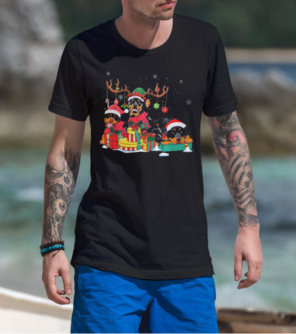 Rottweiler Christmas Reindeer Antlers Presents Santa Hat Snowflakes T-Shirt