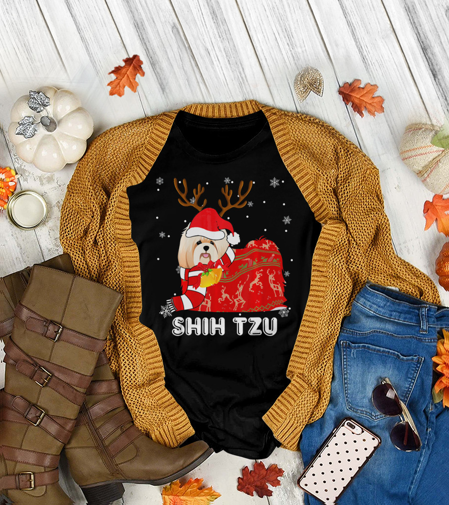 Shih Tzu Santa Hat Reindeer Blanket Christmas Snowflakes T-Shirt