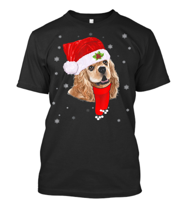 Santa Cavalier King Charles Spaniel With Red Hat And Scarf Snowflakes T-Shirt