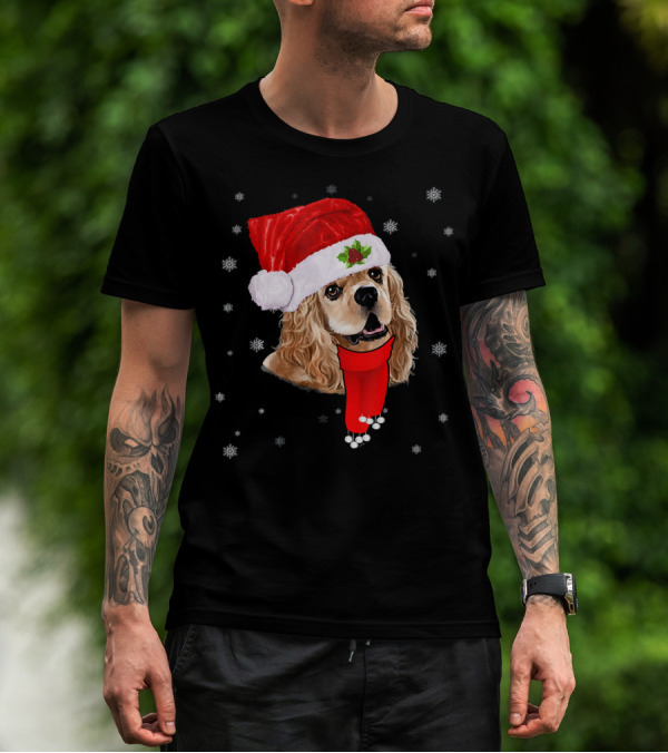 Santa Cavalier King Charles Spaniel With Red Hat And Scarf Snowflakes T-Shirt