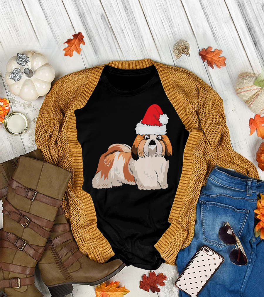 Santa Hat Shih Tzu Dog with Christmas Vibes T-Shirt