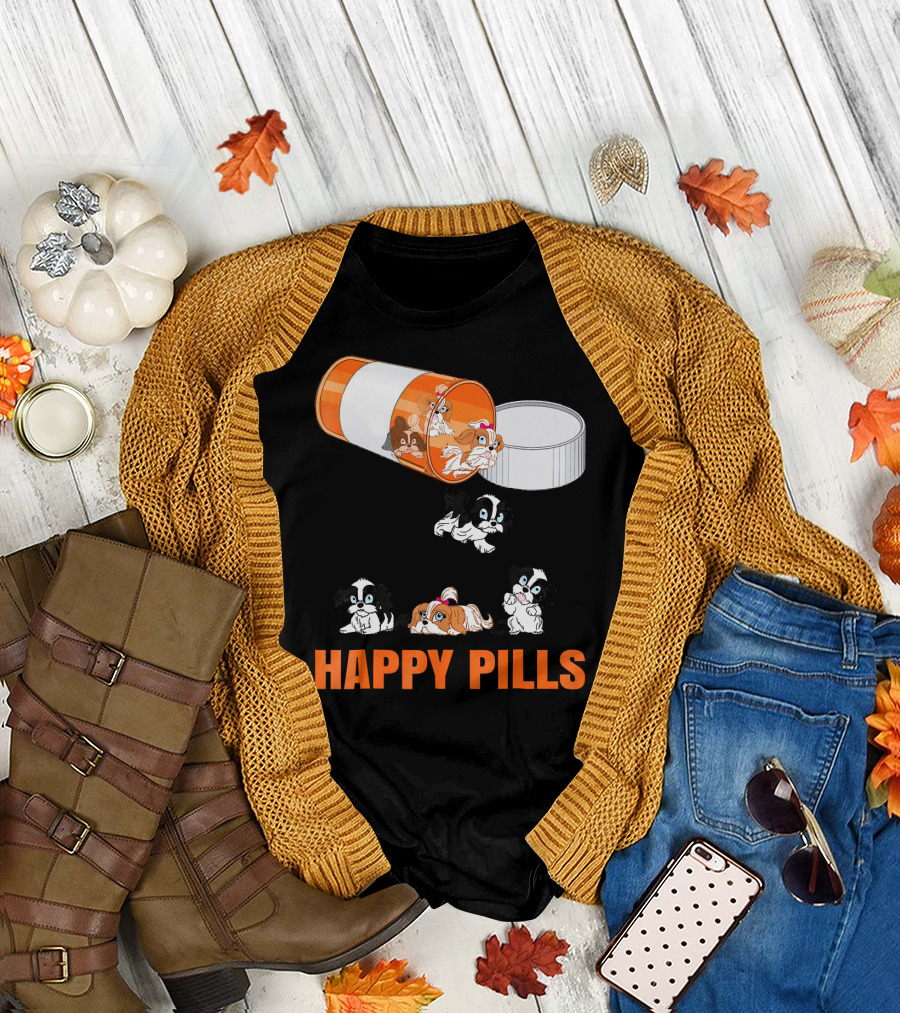 Shih Tzu Dogs in Happy Pills Cartoon Medicine Capsule Fun T-Shirt