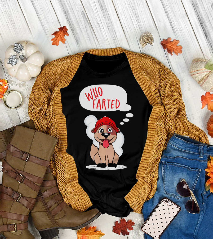 Who Farted Funny Dog in Red Cap T-Shirt