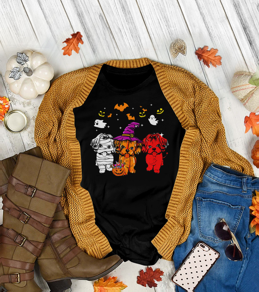 Three Shih Tzu Dogs Halloween Ghosts Bats Pumpkins T-Shirt