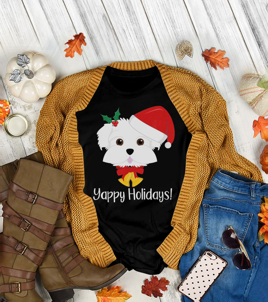 Yappy Holidays Cute Funny Maltese Dog in Santa Hat with Holly T-Shirt