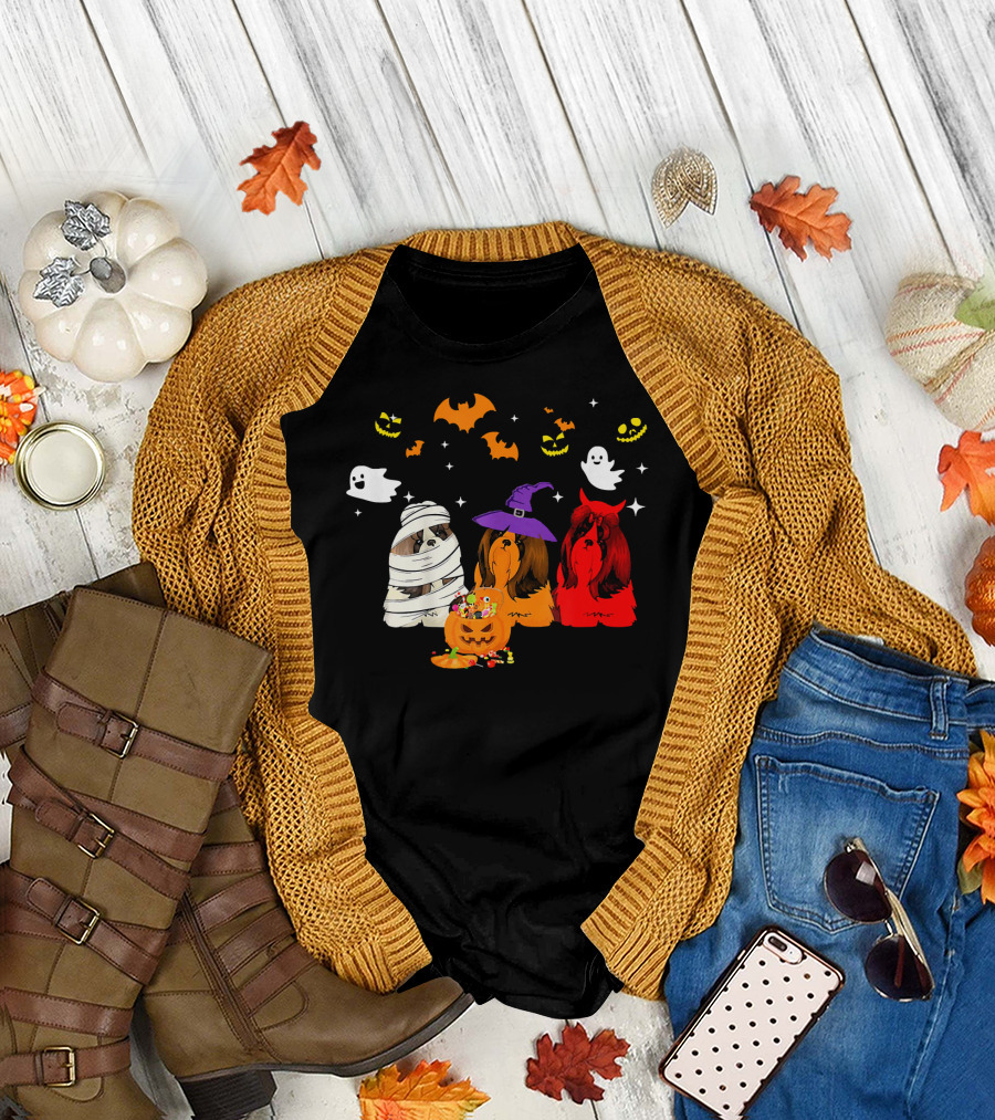 Three Shih Tzu Dogs Halloween Mummy Witch Costume Party T-Shirt
