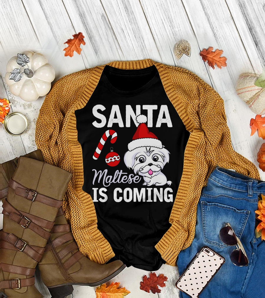 Santa Maltese Is Coming Christmas Puppy Santa Hat Candy Cane T-Shirt