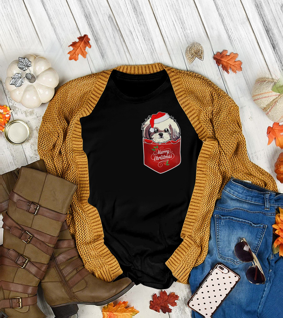 Merry Christmas Shih Tzu with Santa Hat In Pocket T-Shirt