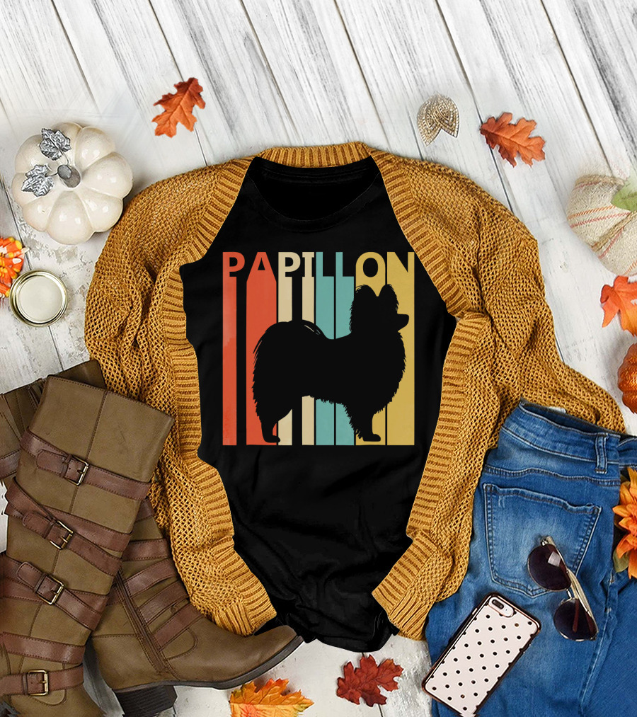 Papillon Vintage Papillon Dog Silhouette Retro Stripes T-Shirt