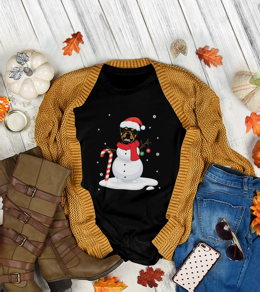 Rottweiler Snowman with Santa Hat and Candy Cane T-Shirt