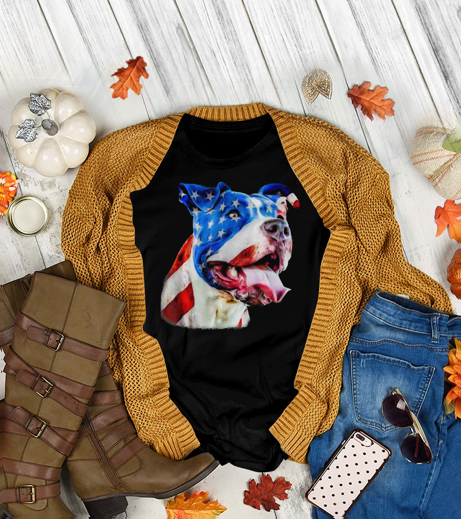 American Pit Bull Terrier with USA Flag T-Shirt