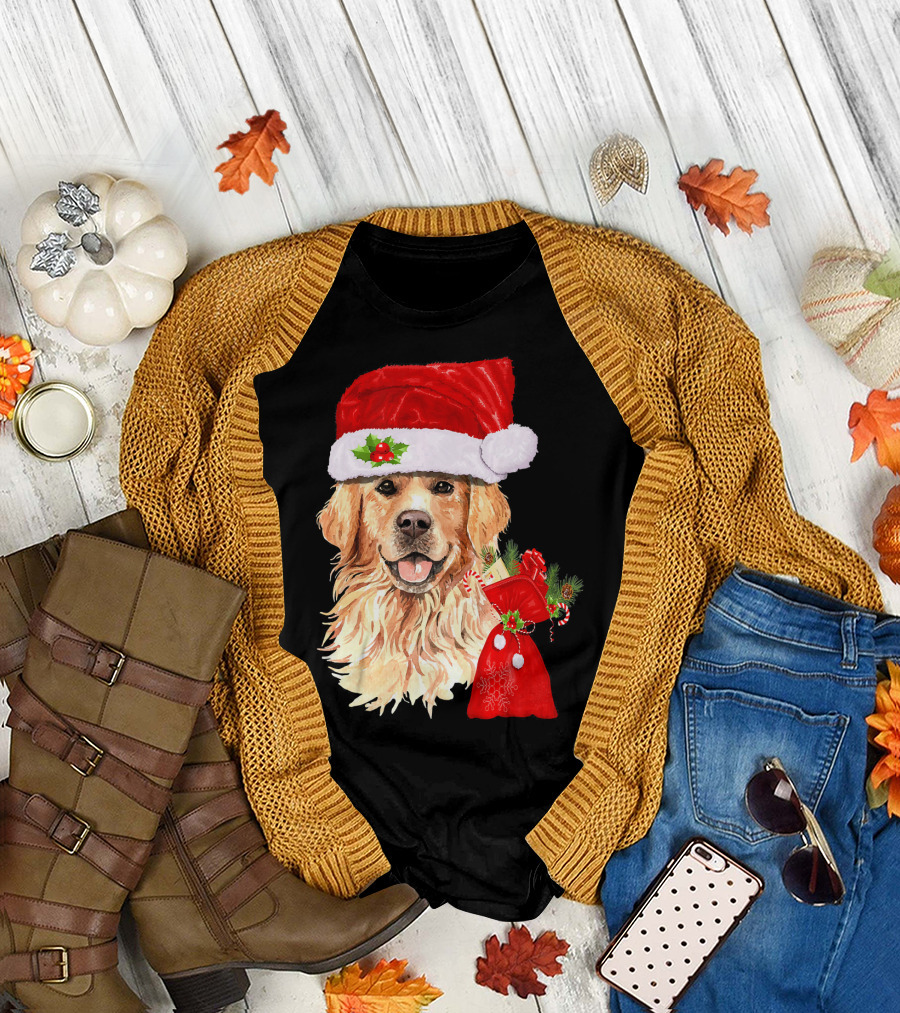 Golden Retriever with Santa Hat and Christmas Stocking T-Shirt