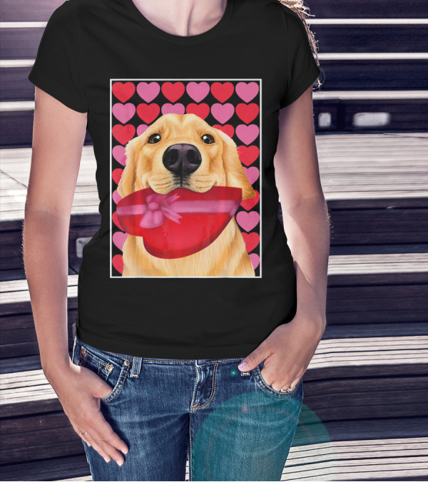 Golden Retriever Holding Red Heart-Shaped Gift Box Against Pink And Red Hearts Background T-Shirt
