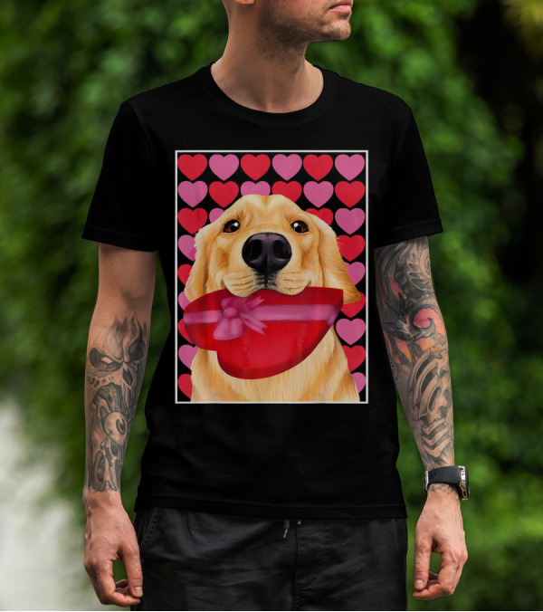 Golden Retriever Holding Red Heart-Shaped Gift Box Against Pink And Red Hearts Background T-Shirt
