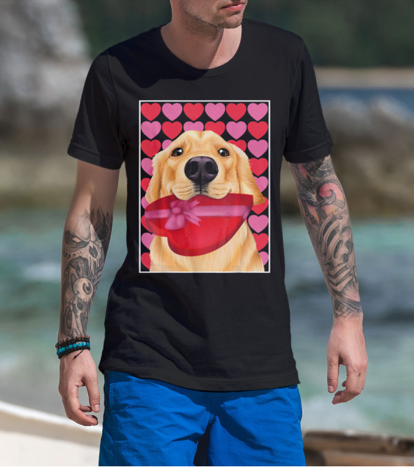 Golden Retriever Holding Red Heart-Shaped Gift Box Against Pink And Red Hearts Background T-Shirt