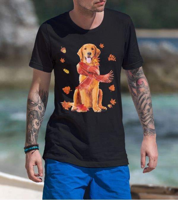 Golden Retriever With Scarf And Autumn Leaves T-Shirt