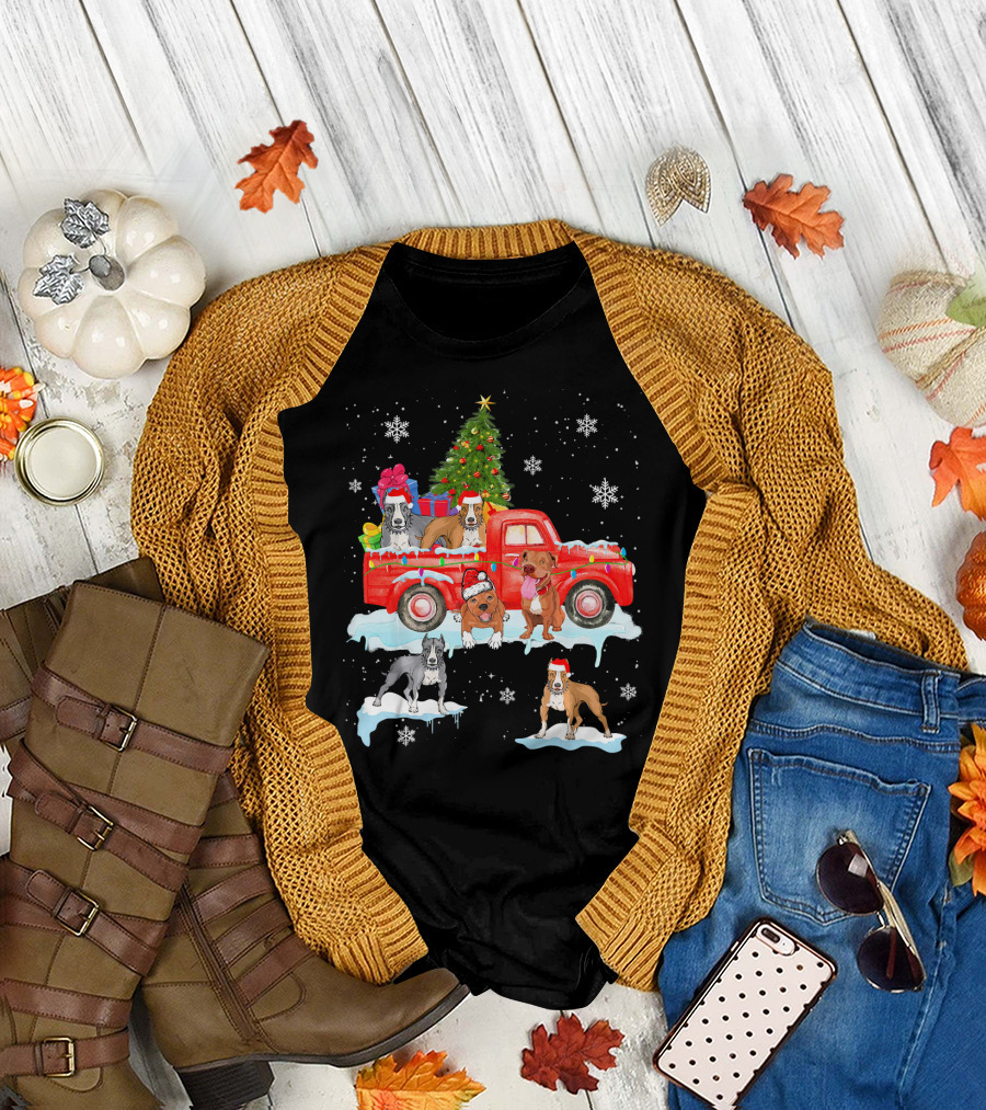 Christmas Pit Bull Dogs on Red Truck with Tree and Gifts T-Shirt