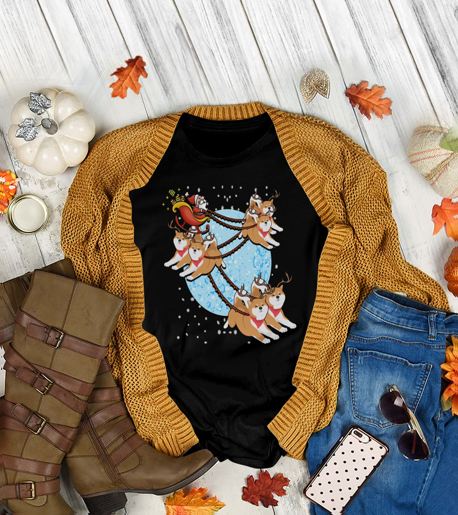 Funny Santa Claus Sleigh with Akita Reindeer on Moonlit Night T-Shirt