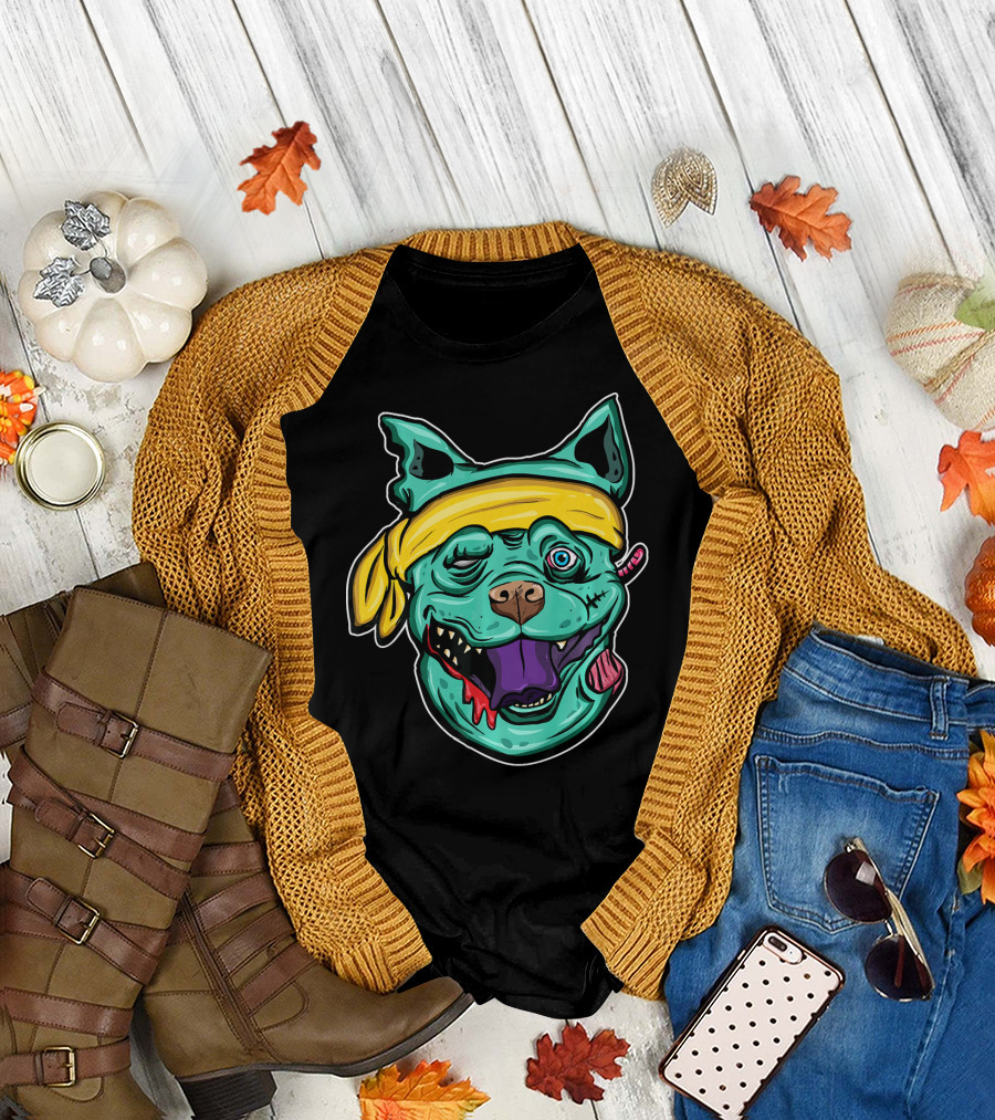 Funny Pit Bull Zombie Head with Yellow Bandana and Purple Tongue T-Shirt