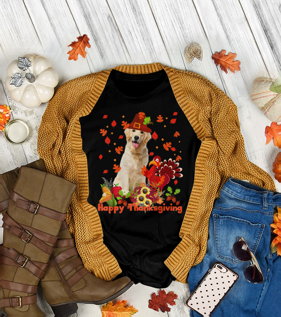 Golden Retriever Happy Thanksgiving Dog with Fall Leaves and Turkey T-Shirt